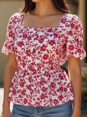 NWT Draper James RSVP Linen Red Floral Square-Neck Peplum Top